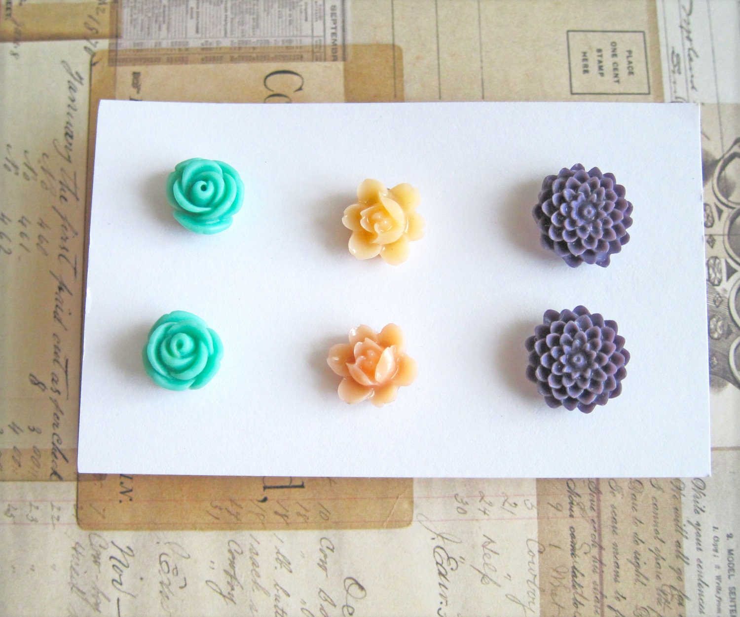 Floral Stud Post Earrings Set Floral Earrings Set Flower Studs Lot of 3 Flower Earrings Post Set Aqua Turquoise Purple Peach - Juliet