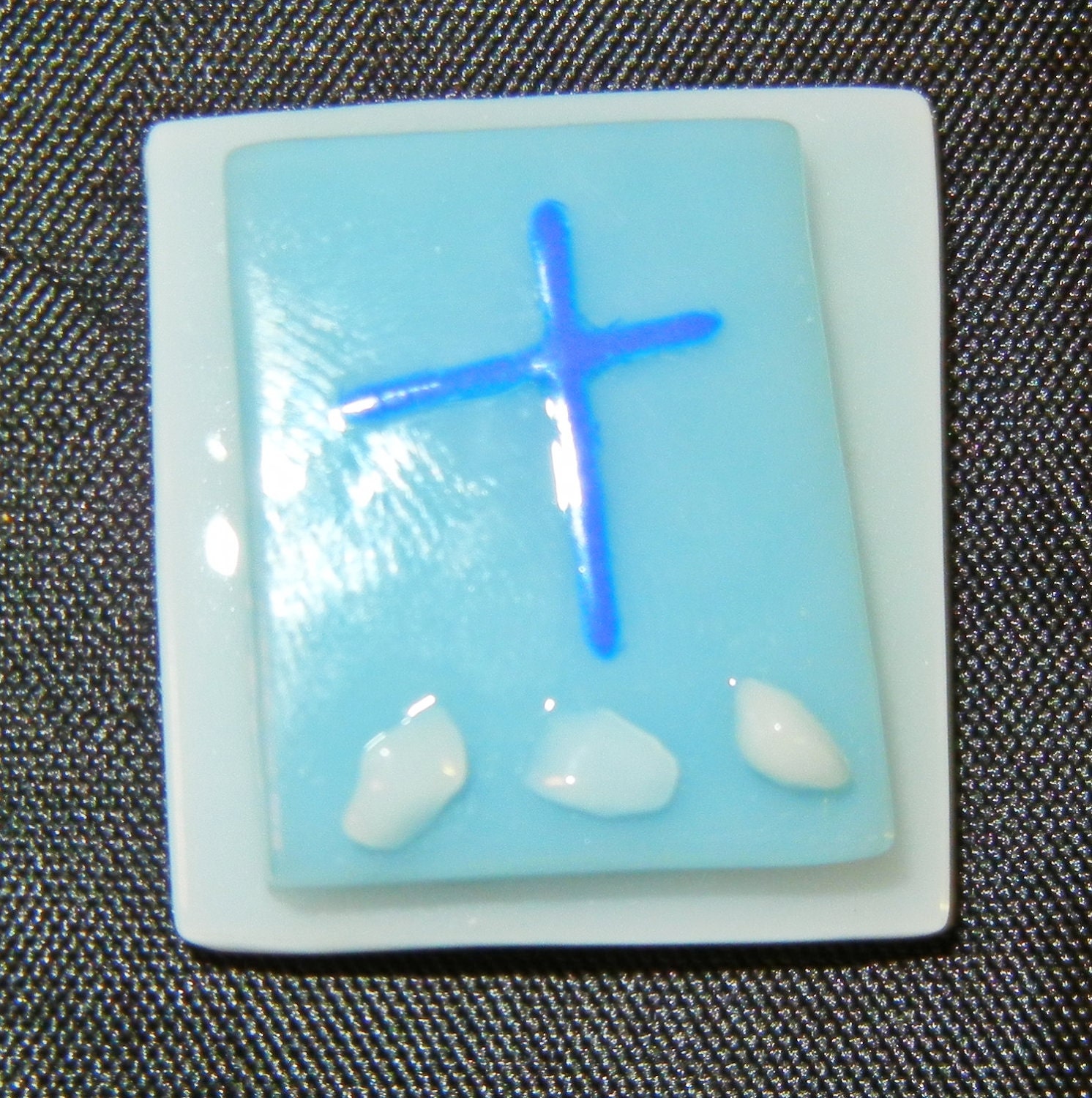 Fused Glass Cross, Blue and White Glass with small Blue Cross, OOAK, Blue Fused Glass Cross Pendant, Necklace