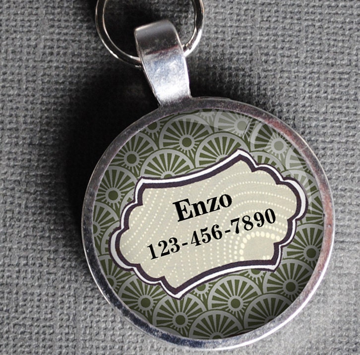 Pet iD Tag light olive green patterned colorful round Dog Tag 35mm round -  by California Mutts