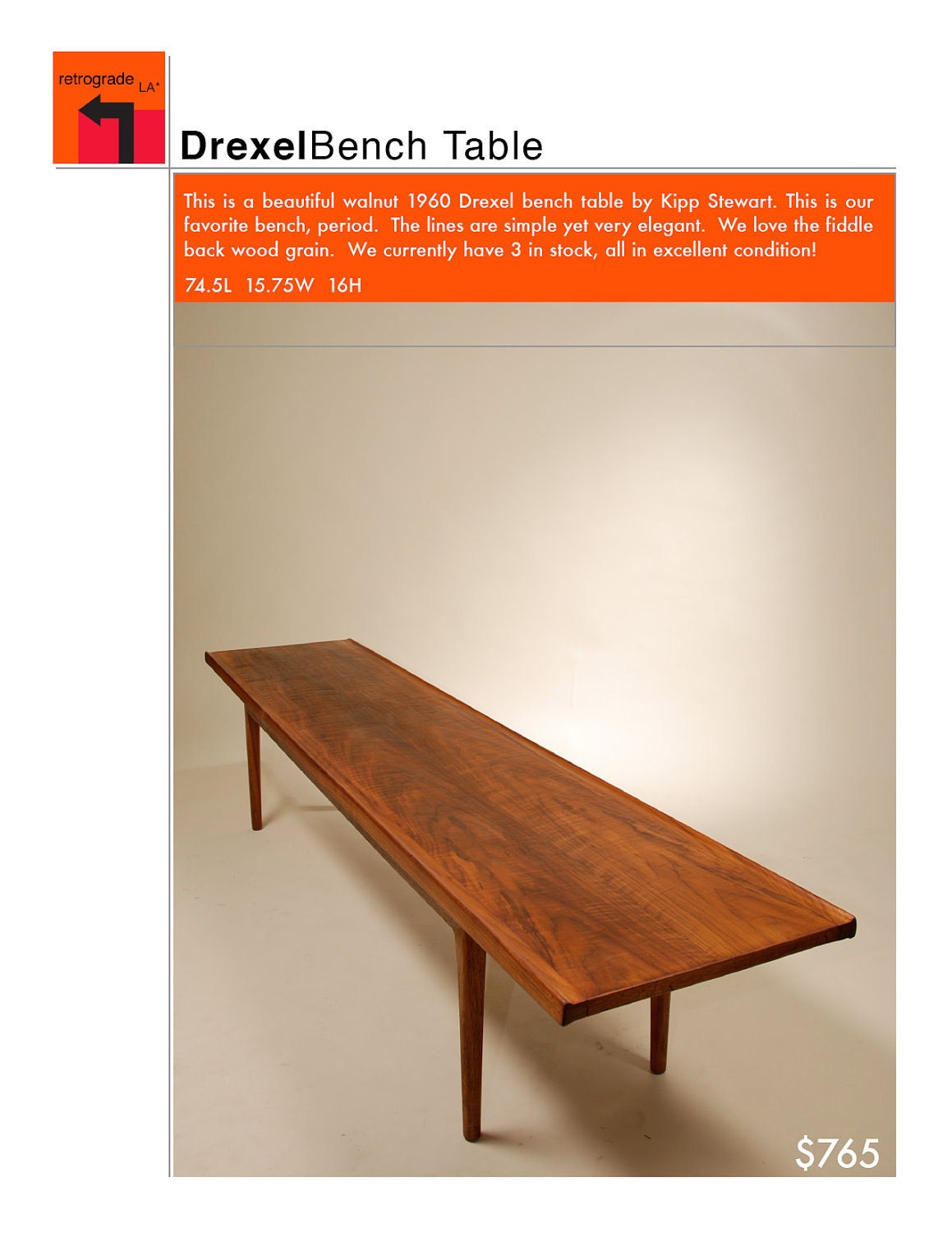 Mid Century Walnut Bench Coffee Table by Kipp Stewart for Drexel