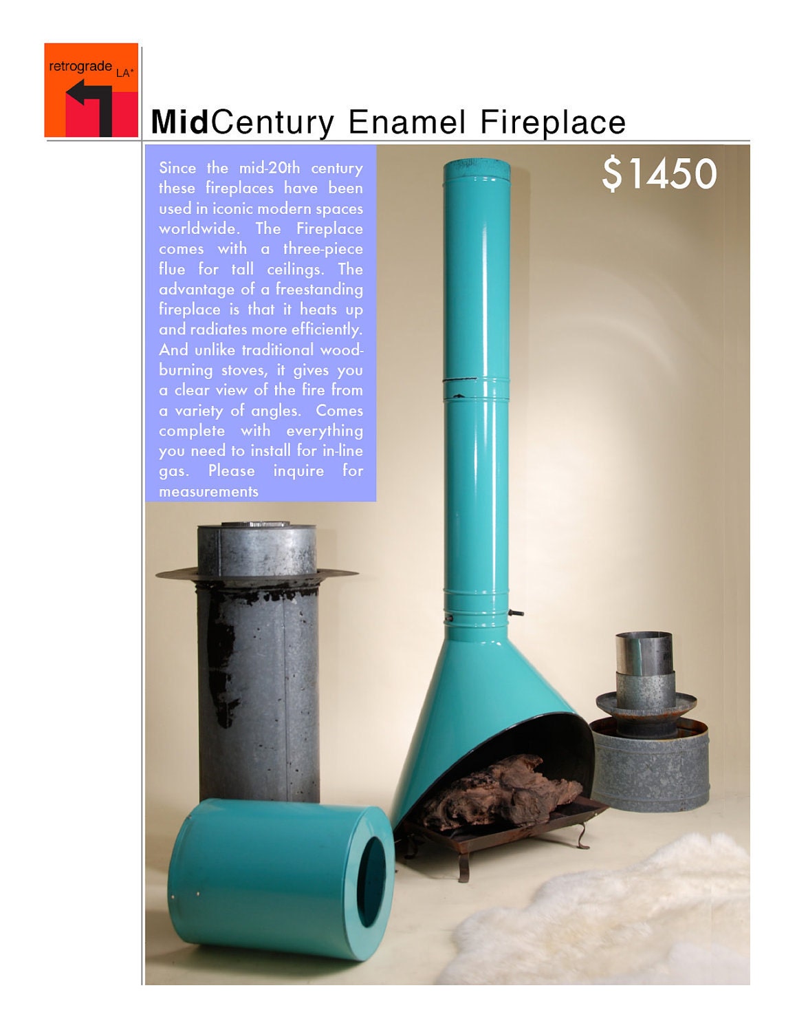 Mid Century Aqua Enamel Freestanding Fireplace