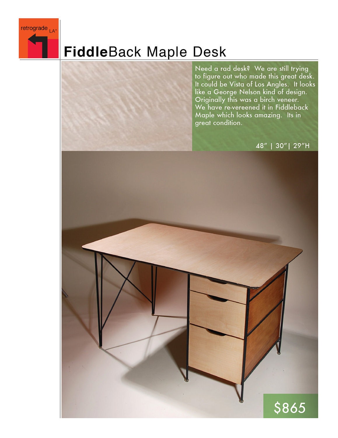 vintage mid century modern Fiddleback maple desk