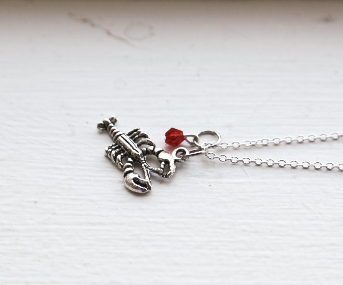 Lobster Necklace & Red Swarovski- 925 Sterling Silver- Ocean Nautical Charm Jewelry- Dark Silver Lobster Necklace