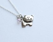 Kitty Cat Necklace- Swarovski Crystal Bead -925 Sterling Silver Chain- Charm Jewelry- Custom Birthstone