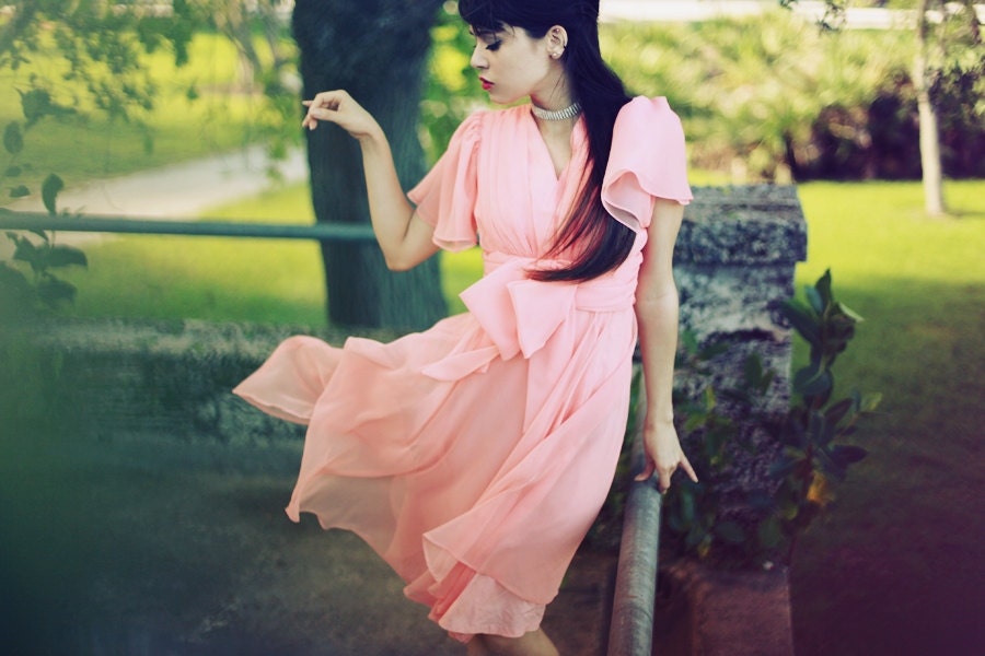 Vintage 1950s/60s Peach Coral Pastel Chiffon Garden Party Dress