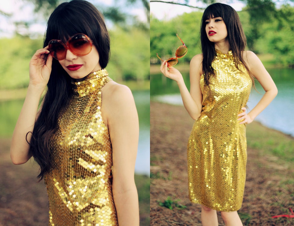 Vintage 1980s Gold Sequin Party Dress