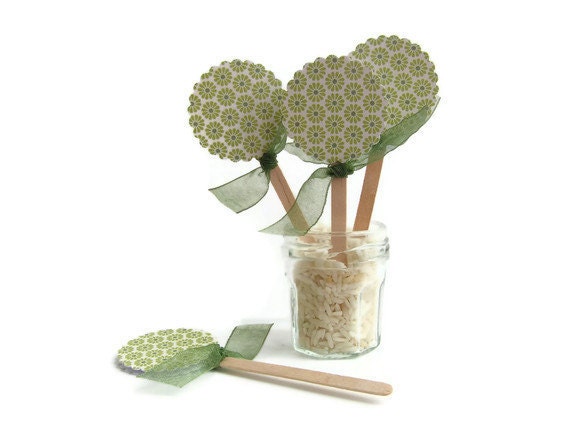 Green Flowers Cupcake Picks Spring Summer Wedding Party Pick Cupcake Toppers x 12 - Boetica
