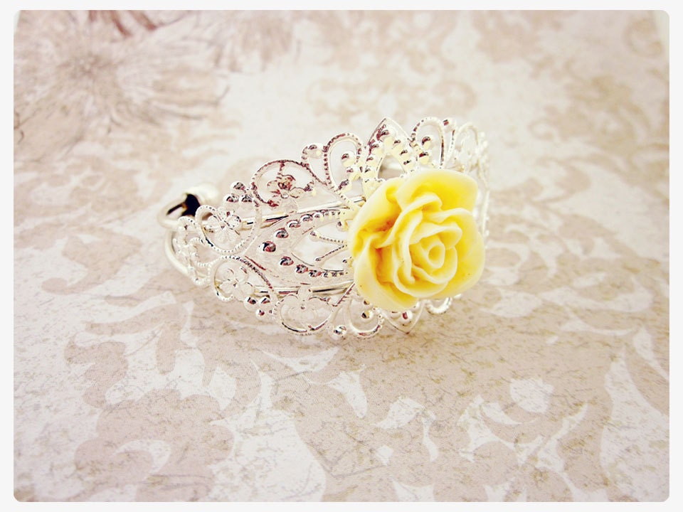 SALESilver Bracelet with Yellow Rose by ThriftyandFabulous on Etsy