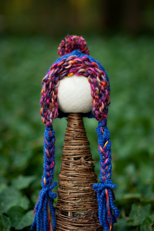 Newborn Baby Hat (Pixie Style) with Braided Pig Tails in Cobalt Blue with a funky rainbow colored wool border size Newborn - 3 month