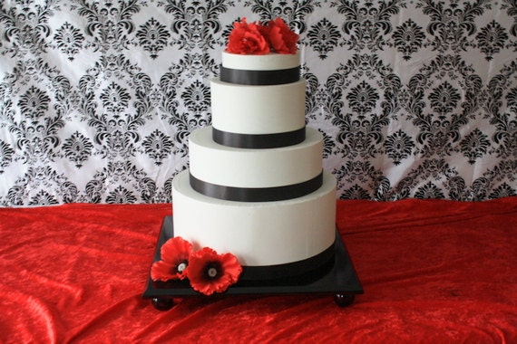 Wedding Cake Stand - 18 inch square cake stand base in black, shown in red and black damask