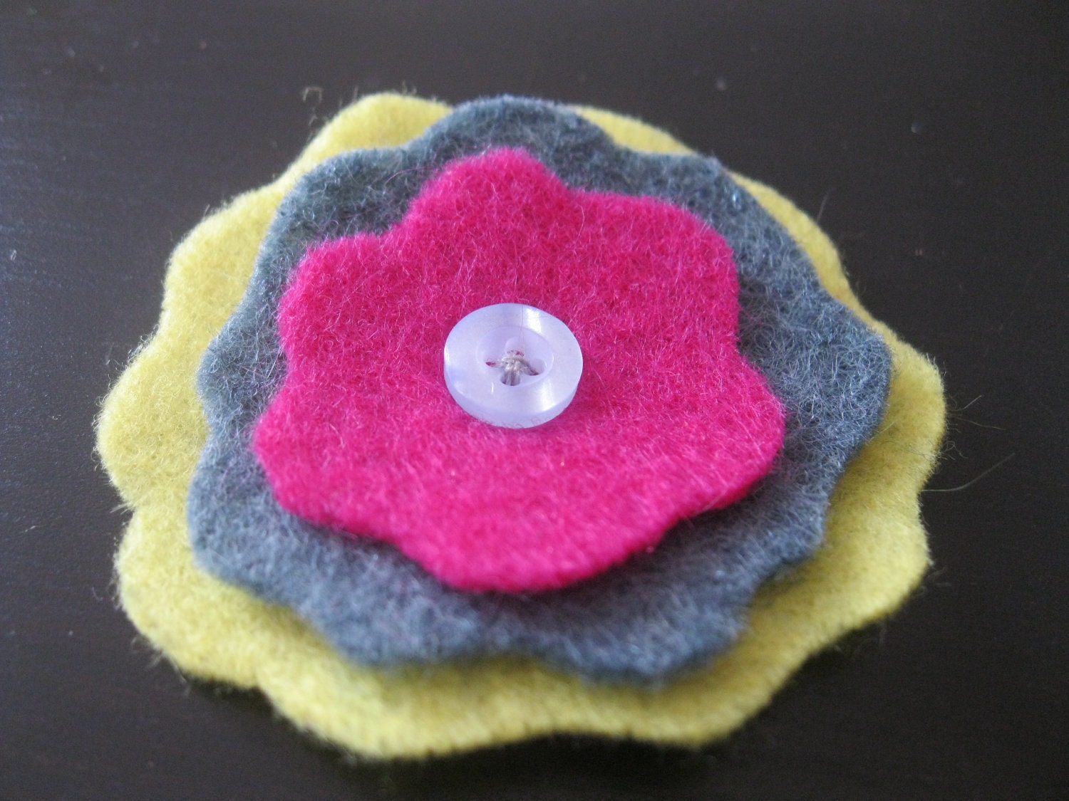 Felt Flower Hair Clip in Fuchsia, Dusty Teal, and Neon Yellow with Button