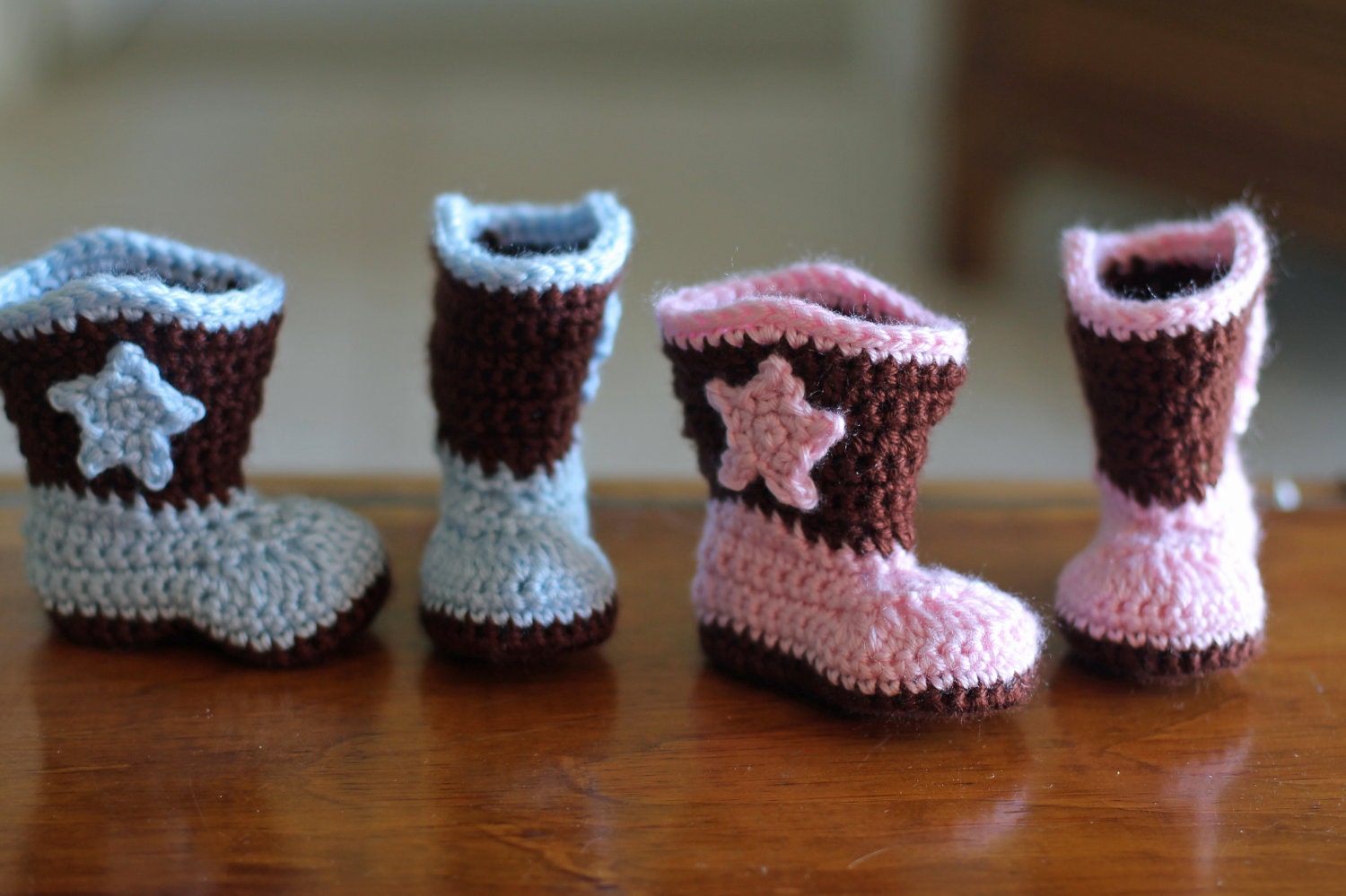 Crochet Baby Booties - Pink and Brown Boot Scoot'n Boots - Baby Cowboy Boots