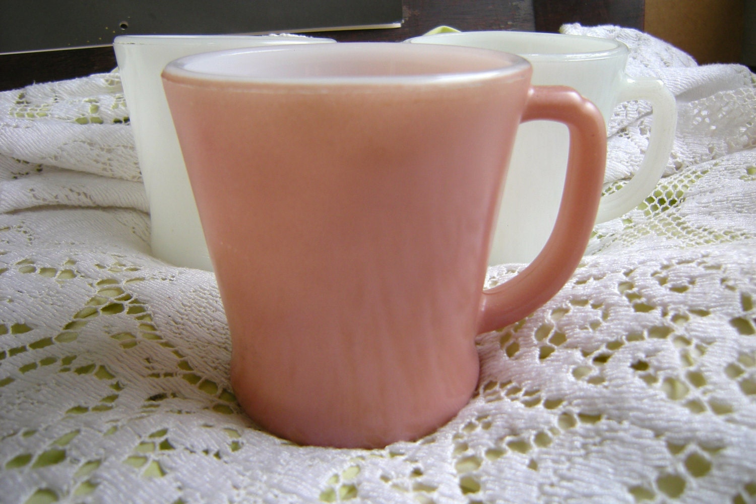 RESERVED FOR hannahleigh13455 3 Fire King Mugs Set, Excellent Condition Anchor Hocking Dusty Rose Pink and White D Handle Model
