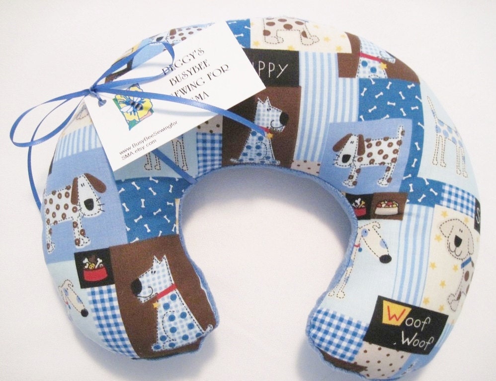 Travel Pillow - Head Neck Support - Toddler Infant Baby -  Puppy Dog Puppies Patchwork w/ Minky Fleece - Blue - Boys