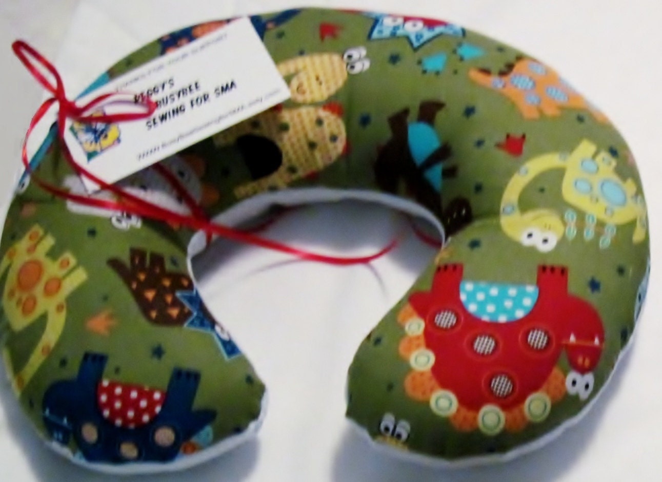 Travel Pillow - Head Neck Support - Child Size - Dinosaur w/ White Minky Back - Green Dino - Boys