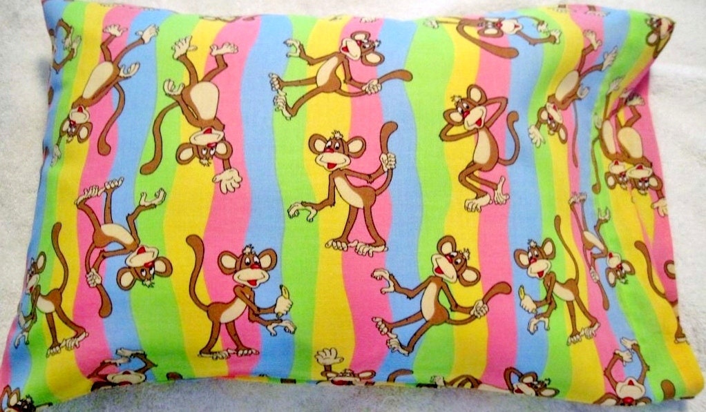 Pillowcase -Toddler Child Travel Size - Monkey Stripe - Pink Yellow Blue Green - Pillow Case Cover - READY TO SHIP