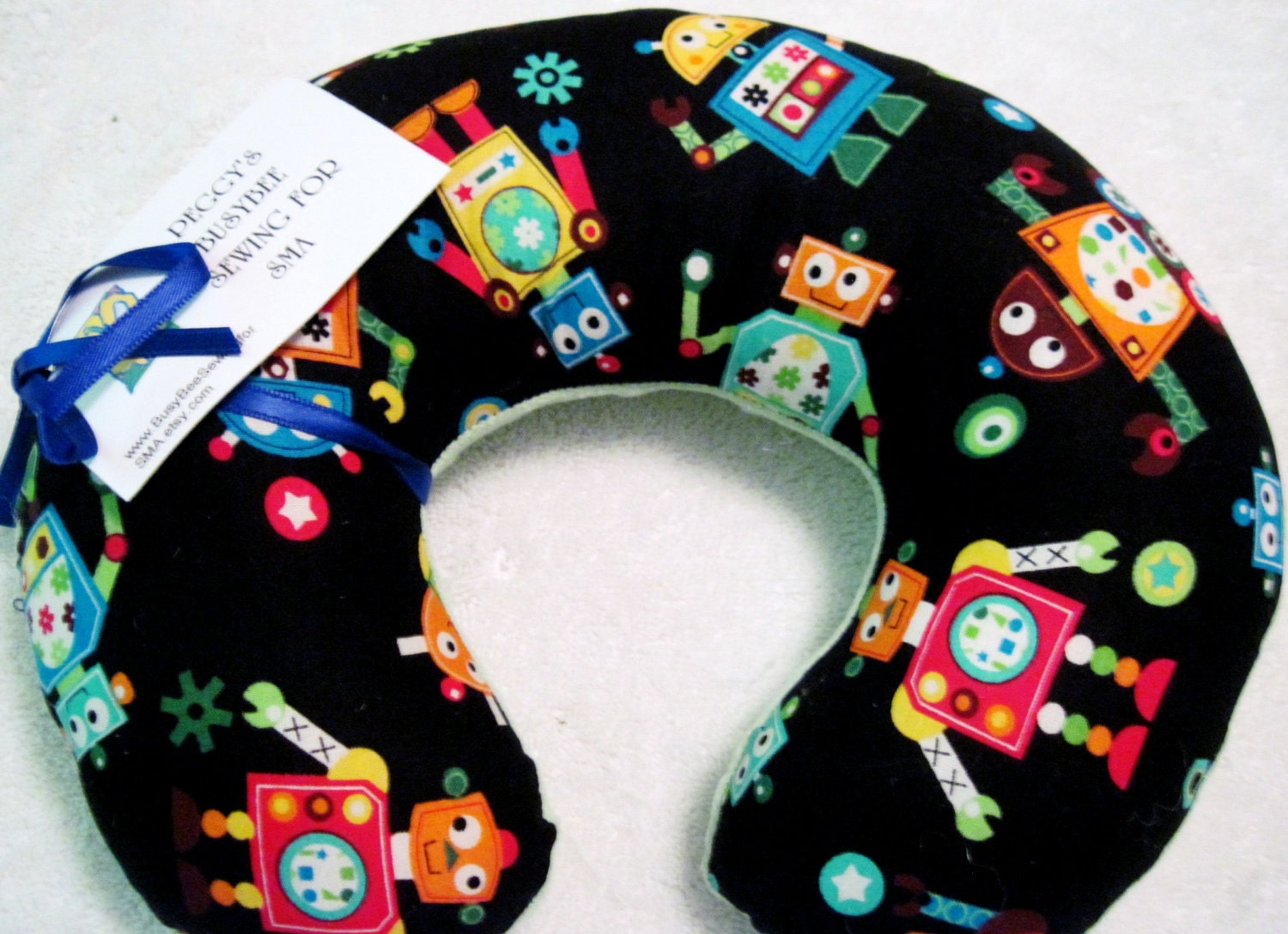 Travel Pillow - Head Neck Support - Toddler Infant Baby - Robots on Black w/ Lime Green Minky Fleece - Robot Bots - Boys