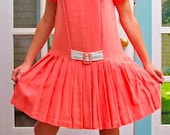 60's Rosemary's Baby Style Coral Linen Pleated Drop Waist Dress