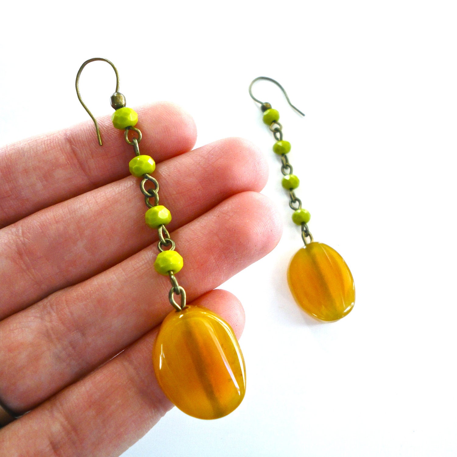 Long Earrings on Bronze Wire - Colorful Citrus Yellow Orange, Lime Green, Brown