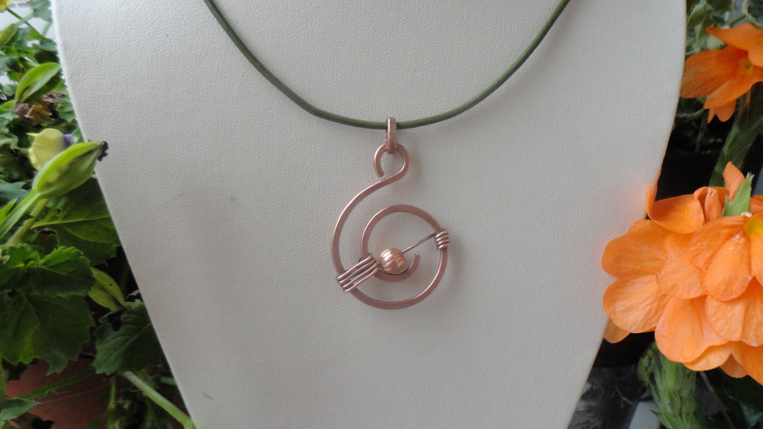 Greek Leather necklace, Copper Pendant, wire wrapped