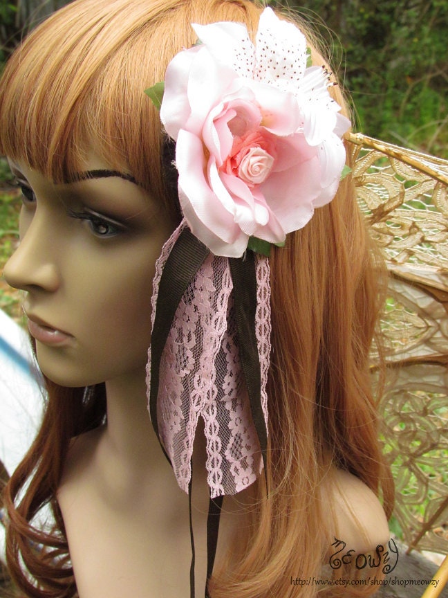 Pink Faux Flower Hair Accessory with Lace and Brown Ribbons