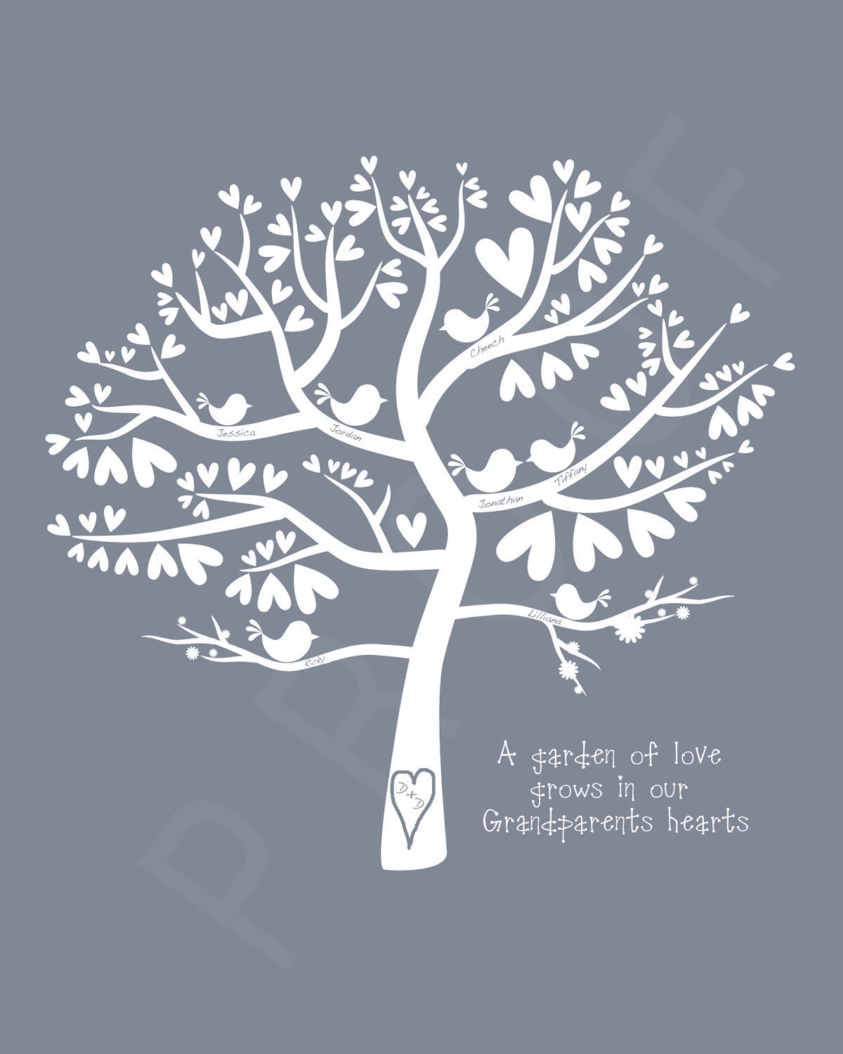 Personalized Grandparent Family Birds Print Silhouette  - Birds in a Heart Tree 11x14 Print
