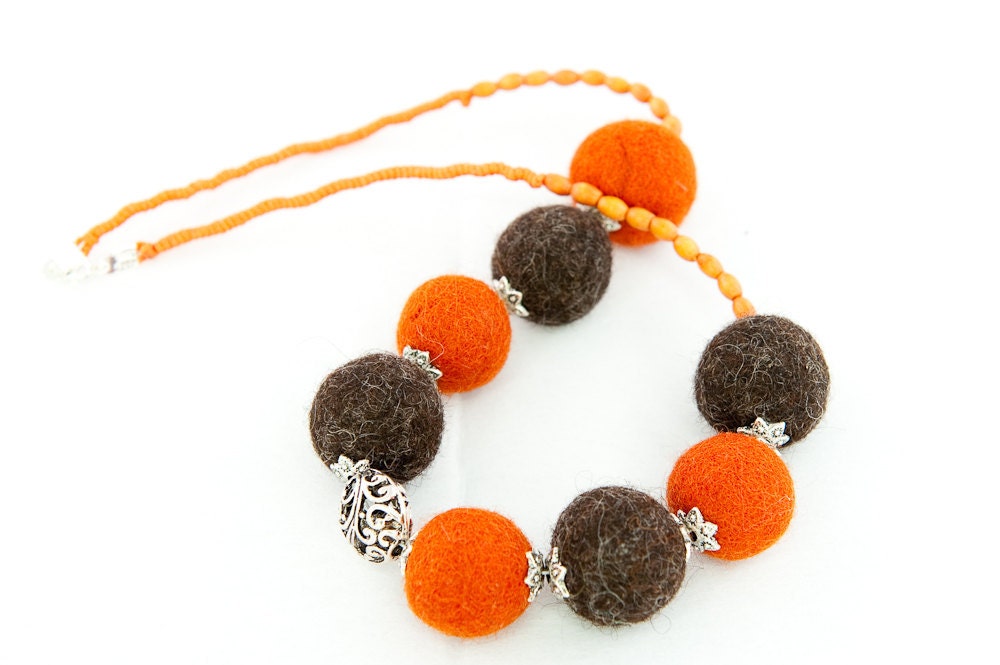 Felted Jewelry Chunky Necklace / Autumn Halloween Necklace Orange and Brown