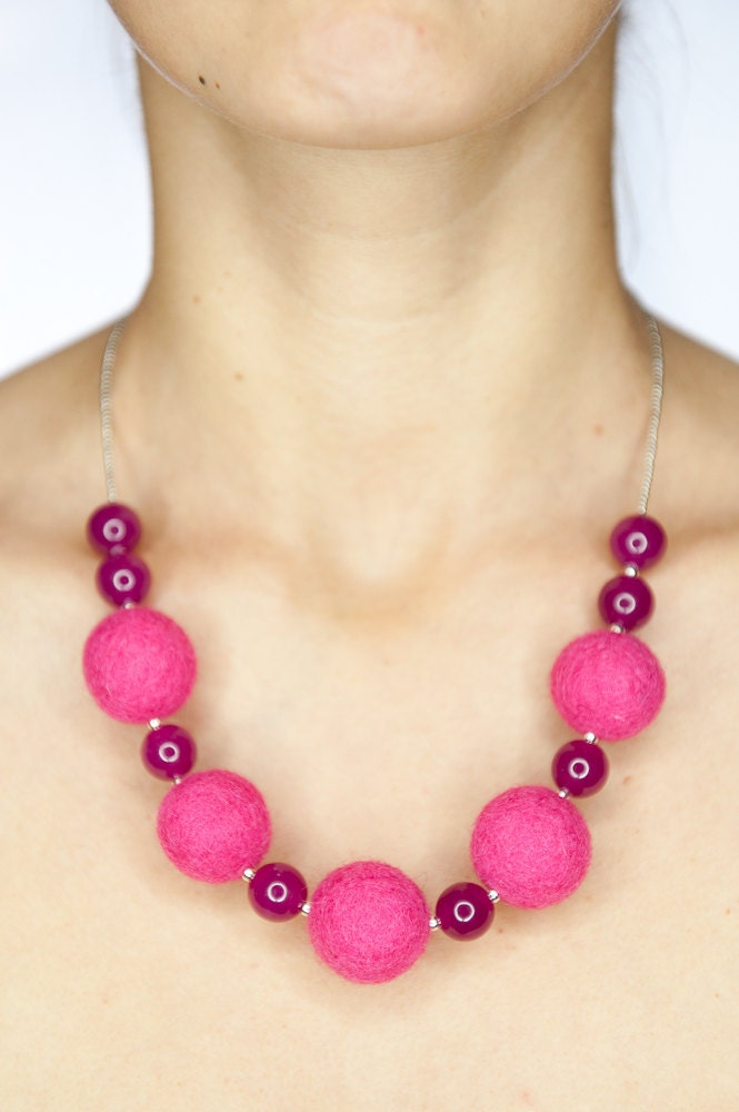 Felted necklace / beaded pink felt with milky crystal