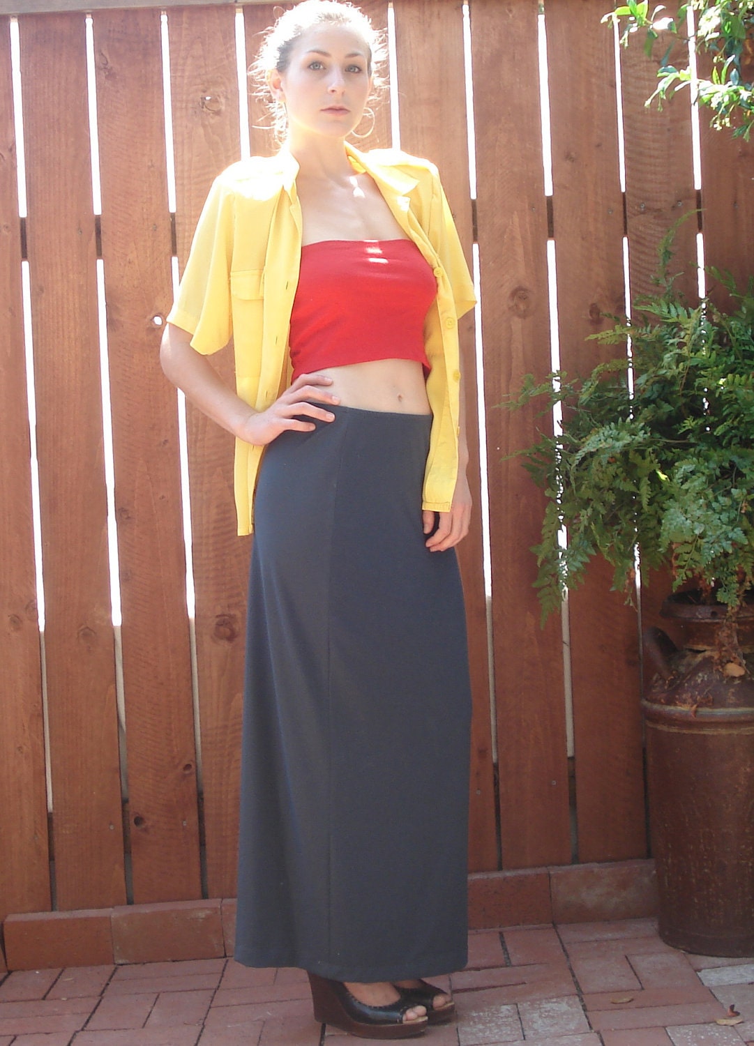 1990s Slate Gray Stretch Maxi Skirt w Sm Slit / Women's Size Medium