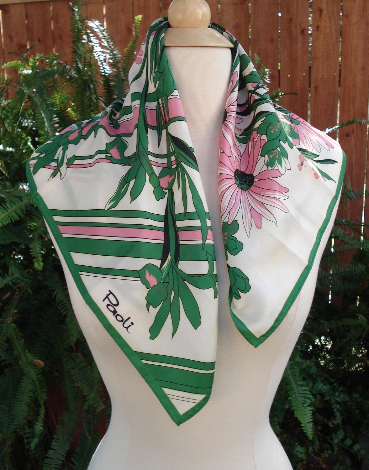 Paoli Pink, Kelly Green & White Daisy/Striped Scarf 23 x 23