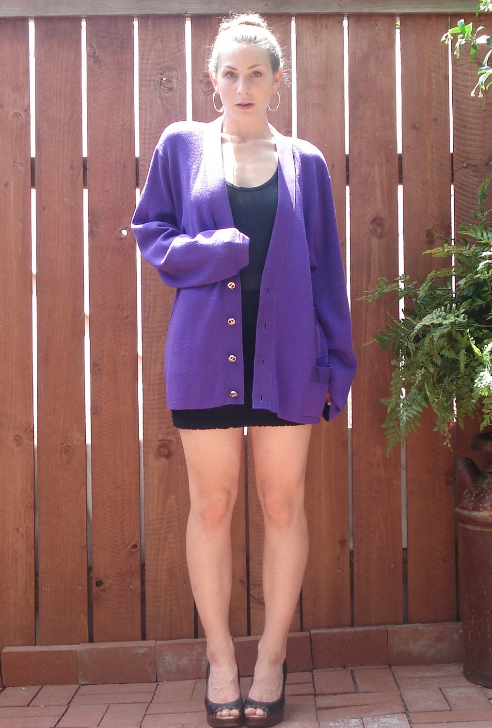 1980s Salvatore Ferragamo for I.Magnin Purple Wool / Ribbon Trim Cardigan Sweater NWT / Women's Size XL