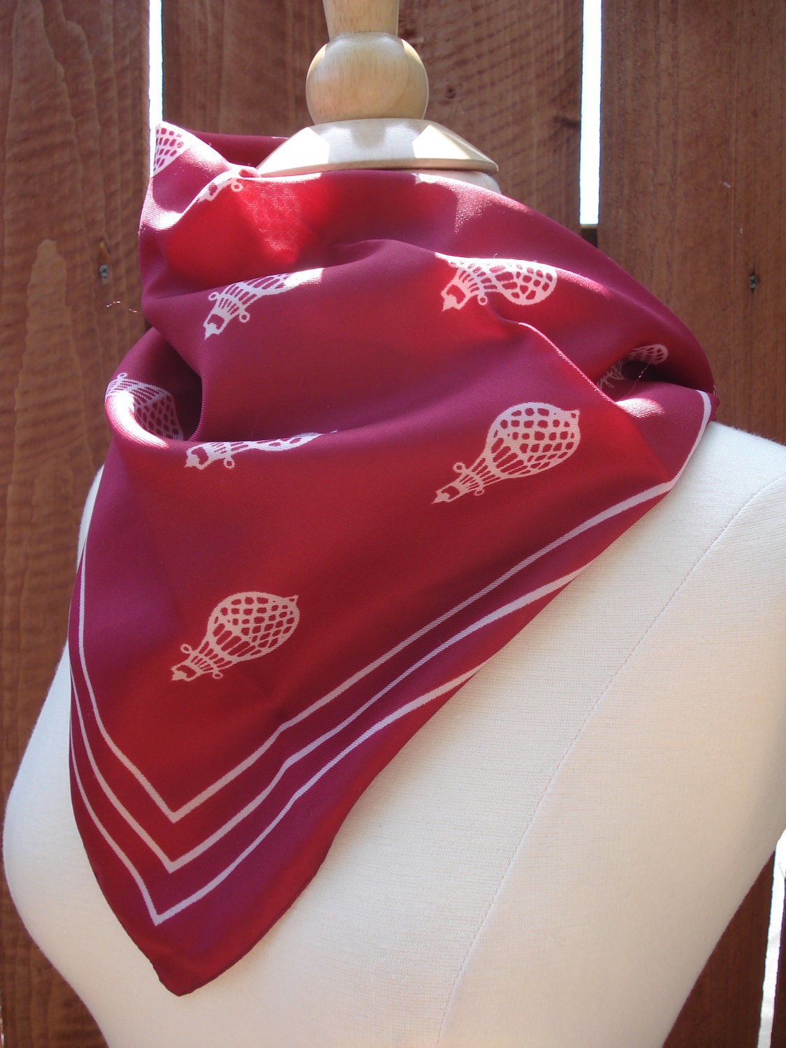 Maroon Scarf w HOT AIR BALLOON Print / Small Square Scarf 20 x 20
