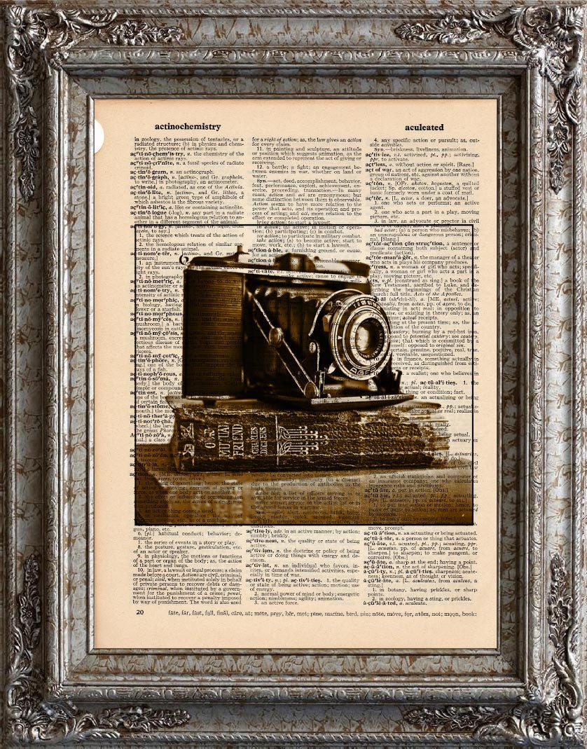 Camera and Books on Vintage Upcycled Dictionary Page Book Art Print Recycled Repurposed