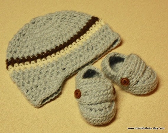 Baby Boy Shower Gift Set - Crochet Newsboy Visor Beanie and Booties in Pale Denim and Chocolate Brown - Newborn - 6 months