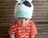Cow Crochet Hat Beanie - Newborn, Infant, Toddler Boy - White, Aqua Blue, and Black - Great Photography Prop