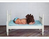 Petite Chic Trio - Turquoise Crochet Flowers with Pearl Center on Petite 1/8" Elastic Headband Halo - Newborn Girl Photography Prop