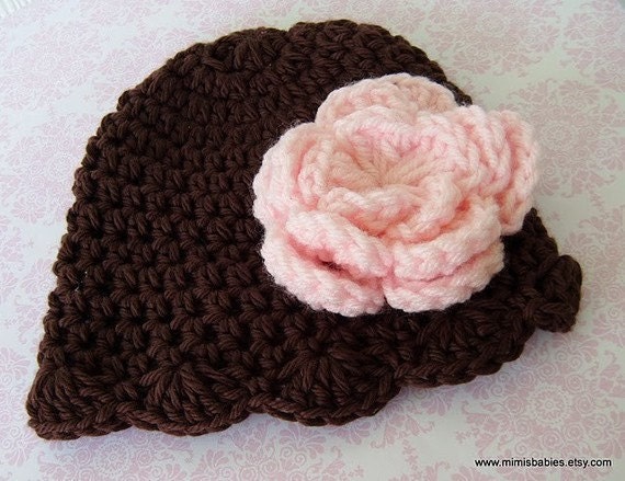 Chocolate Brown Scallop Crochet Hat with Detachable Baby Pink Flower - Custom Colors