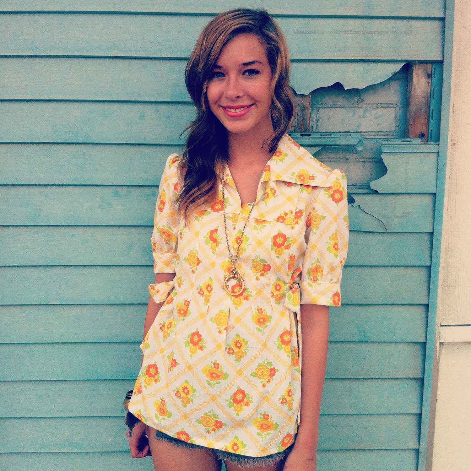 Handmade VINTAGE FLORAL Print Hippie Boho Festival Babydoll Tunic Top Shirt XS S M