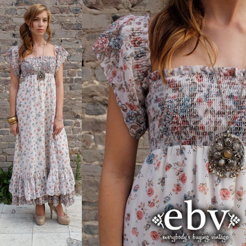 Vintage 70's Floral Hippie Boho Ruffle Festival Maxi Sun Dress XS S M