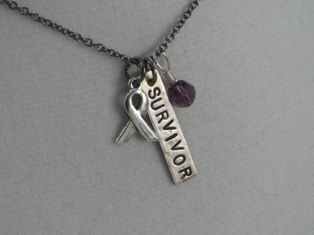 SURVIVOR Cancer Awareness Necklace Rectangle Pendant - Cancer Ribbon Jewelry - Breast Cancer Survivor Jewelry