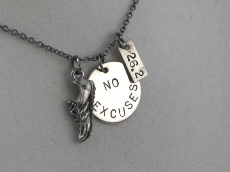 RUN 26.2 NO EXCUSES with Distance Charm Necklace - Running Necklace on 18 inch gunmetal chain - Marathon Necklace - Running Jewelry