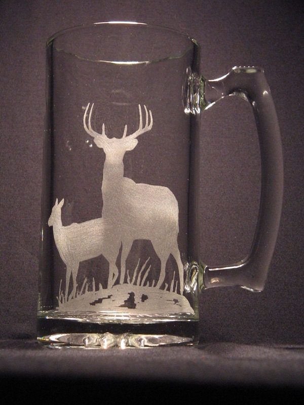 One wildlife engraved glass Deer design beer mug