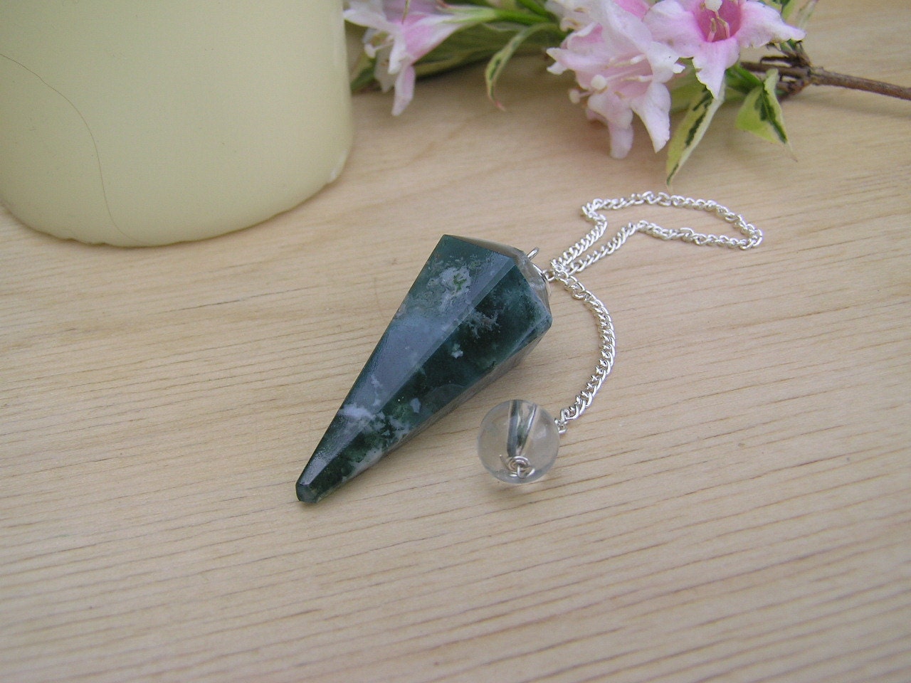 Green Moss Agate Faceted Pendulum