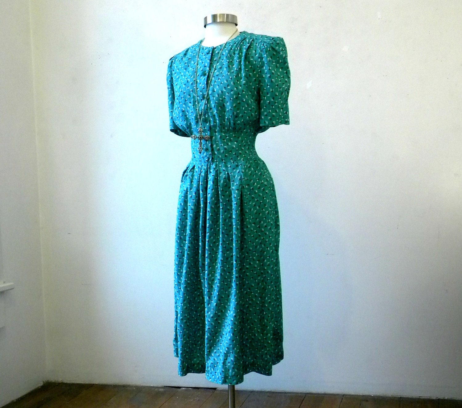 40s Style Day Dress / Aqua Green / Hourglass / Secretary Dress / Medium