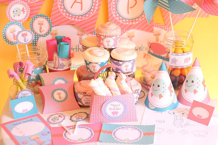 Instant Download Mermaid Birthday Printable Party Kit with Editable Text for you to PERSONALIZE