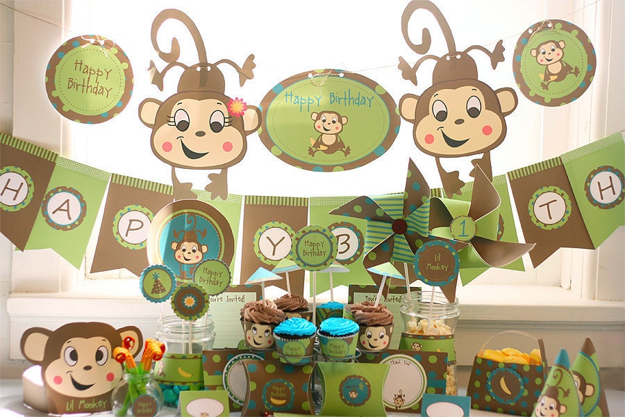 Instant Download Lil Monkey Boy Birthday Printable Party Kit EDITABLE TEXT