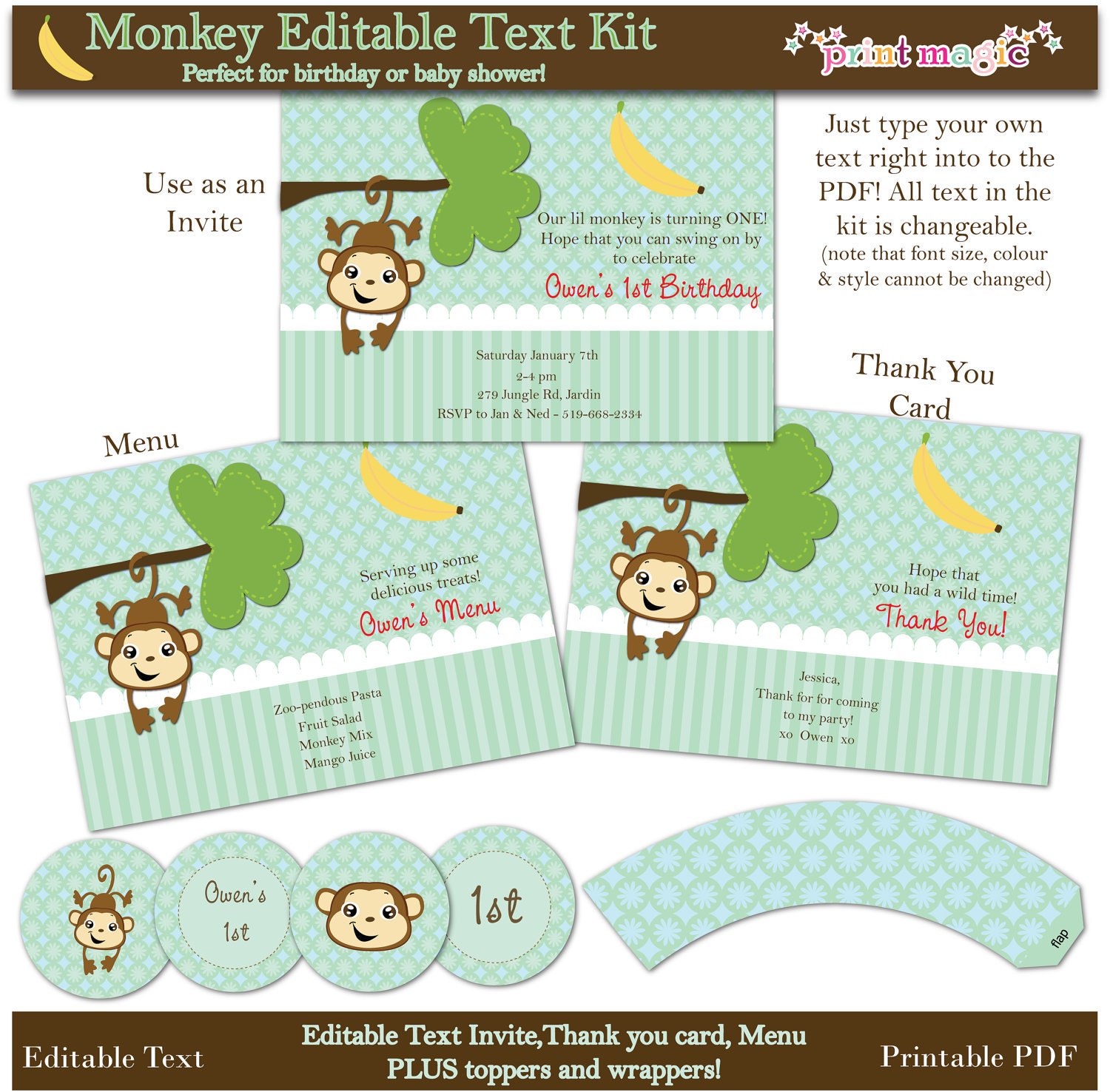Instant Download Lil Monkey Mini Baby Shower Birthday Printable Party Kit with Changeable Text - Printable PDF