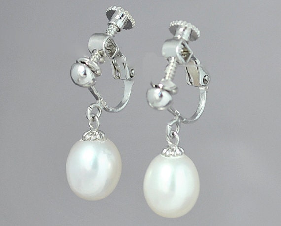 Pearl Clip On Earrings,Pearl Earrings, Natural Pearl Earrings - 8-9mm White Fresh Water Pearl Earrings (E0261)