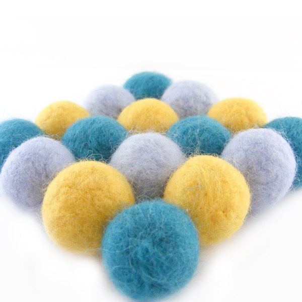 Balls Coaster Wet Felted Merino Wool Coasters in Teal, Yellow and Light Blue