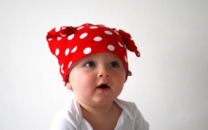 Red spotty beanie hat white polka dots toddler knotted cap funky cute pirate style kids fashion accessory childrens ladybug bright colorful - OliveAndVince